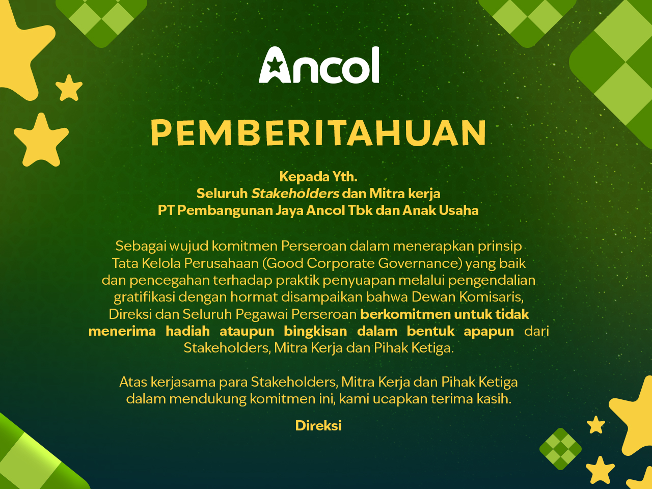 Himbauan Larangan Pemberian/Penerimaan Bingkisan Kepada Insan Ancol